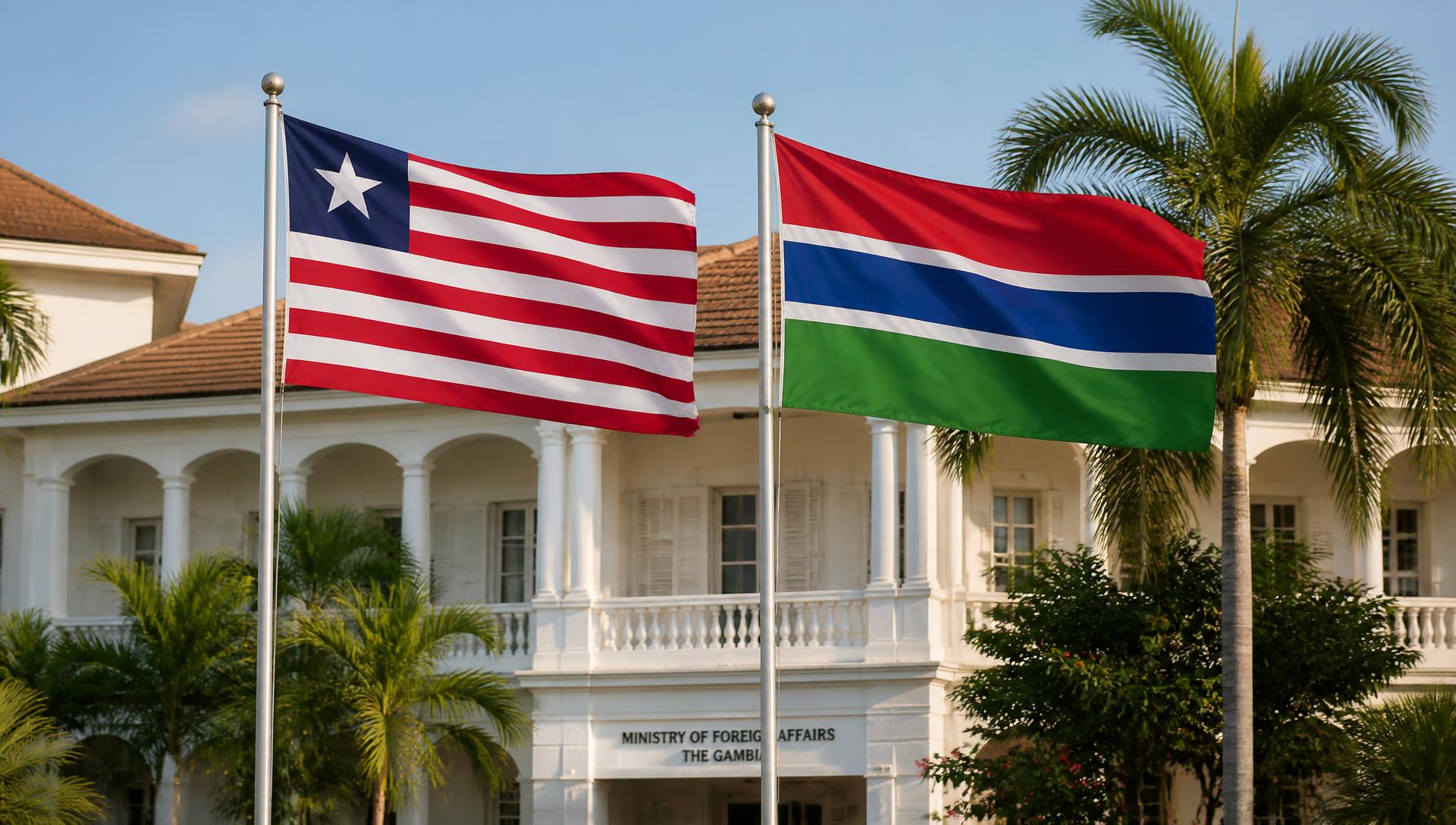 Liberian and Gambian flags flying in Banjul